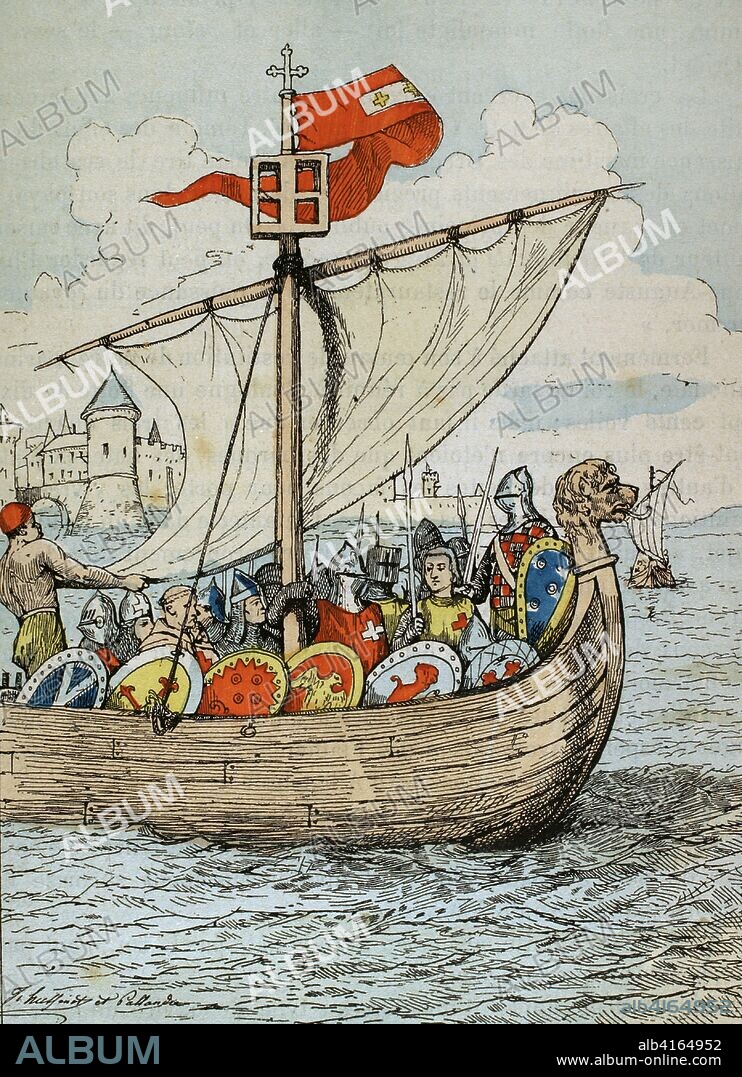 Edad Media. Primeras Cruzadas. Embarque en Marsella de caballeros franceses hacia Tierra Santa. Ilustración en color de la "Armeé Française, Nos Soldats" (Ejército Francés, Nuestros Soldados). Autor, Eugene Hennebert (1826-1896). Ilustración firmada por Hussenot y Pallandre. París, h. 1890. Biblioteca Histórico Militar de Barcelona, Cataluña, España.