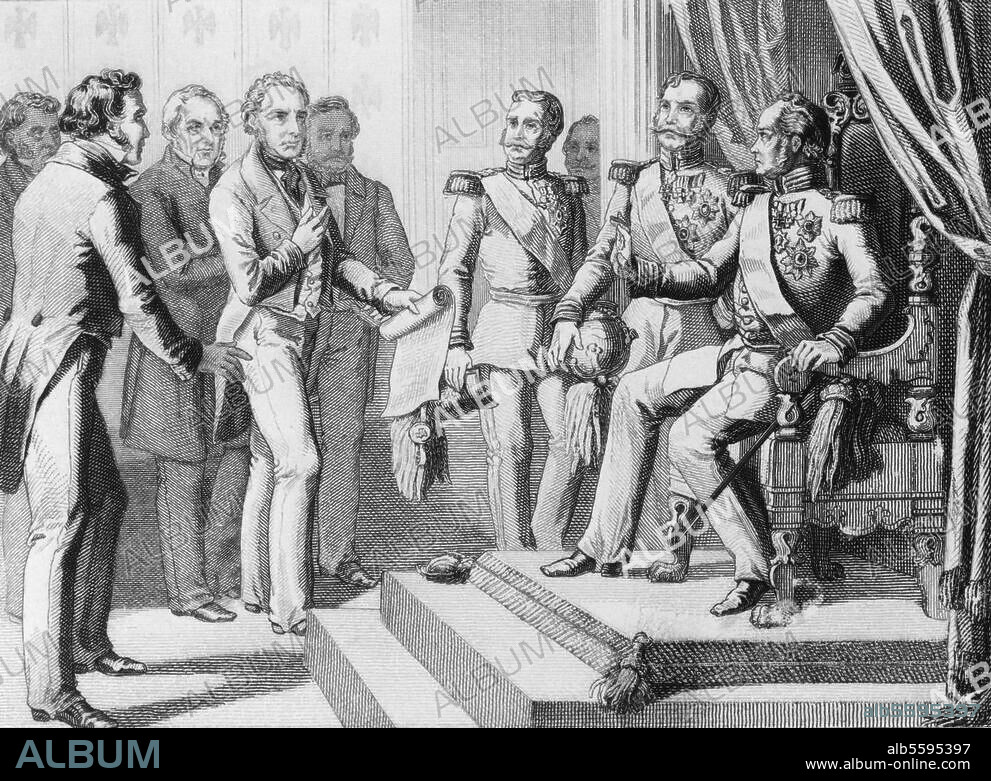 VEIT FRÖR. Kaiserdeputation der Frankfurter Nationalversammlung am 3. April 1849 (Der preuß. König Friedrich Wilhelm IV. lehnt die ihm angebotene Kaiserwürde ab). "Die Kaiserdeputation aus Frankfurt vor Friedrich Wilhelm IV.". Stahlstich, 1861, von Veit Froer (geb. 1828) nach Zeichnung von Rudolf Geißler. (1834-1906). Berlin, Sammlung Archiv für Kunst und Geschichte.