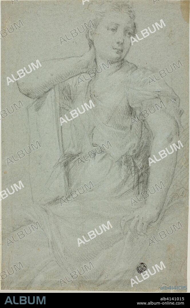 Seated Woman with Folio Resting on Her Lap. Style of Mario Balassi; Italian, 1604-1667. Date: 1604-1667. Dimensions: 302 x 196 mm. Black chalk, heightened with white chalk, on blue laid paper. Origin: Italy.