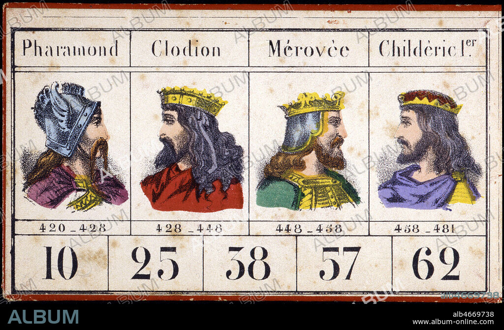 'Pharamond, Clodion, Merovee, Childeric 1er'. Loto historique des Rois de France, edite en 1855. Credit : Collection Helion/KHARBINE-TAPABOR.