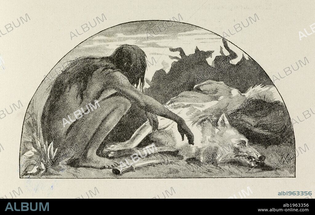 JOHN LOCKWOOD KIPLING. Mowgli and a wolf. The Second Jungle Book. London, 1895. Source: c.117.d.5. Language: English.