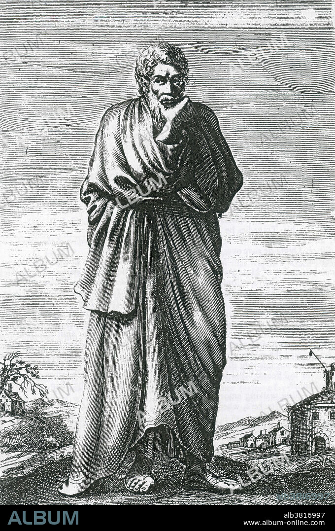 Timon of Phlius (320 BC-230 BC) was a Greek skeptic philosopher and a pupil of Pyrrho. He composed poetry, tragedies, satiric dramas, and comedies, of which very little remains. His most famous composition was his Silloi, a satirical account of famous philosophers, living and dead, in hexameter verse. The Silloi has not survived intact, but it is mentioned and quoted by several ancient authors. According to Diogenes Laertius, Timon was a one-eyed man; and he used even to make a jest of his own defect, calling himself Cyclops. No remains of his dramas have survived. Of his epic poems little is known, but it may be presumed that they were chiefly ludicrous or satirical poems in the epic form. He died at an age of almost ninety. Engraving from The History of Philosophy by Thomas Stanley published in three successive volumes between 1655 and 1661.