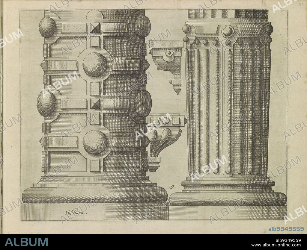 Two 'columnae caelatae' and two consoles, Architectura de Oorden Tusschana (series title), Two 'columnae caelatae'. On the left, the lower half of a column with stylized bossage, diamond heads and hemispheres. On the right a column with bar work. In the center two consoles. The print is part of an album., print maker: Johannes of Lucas van Doetechum, Hans Vredeman de Vries, Antwerp, 1578, paper, etching, height 237 mm × width 296 mm.