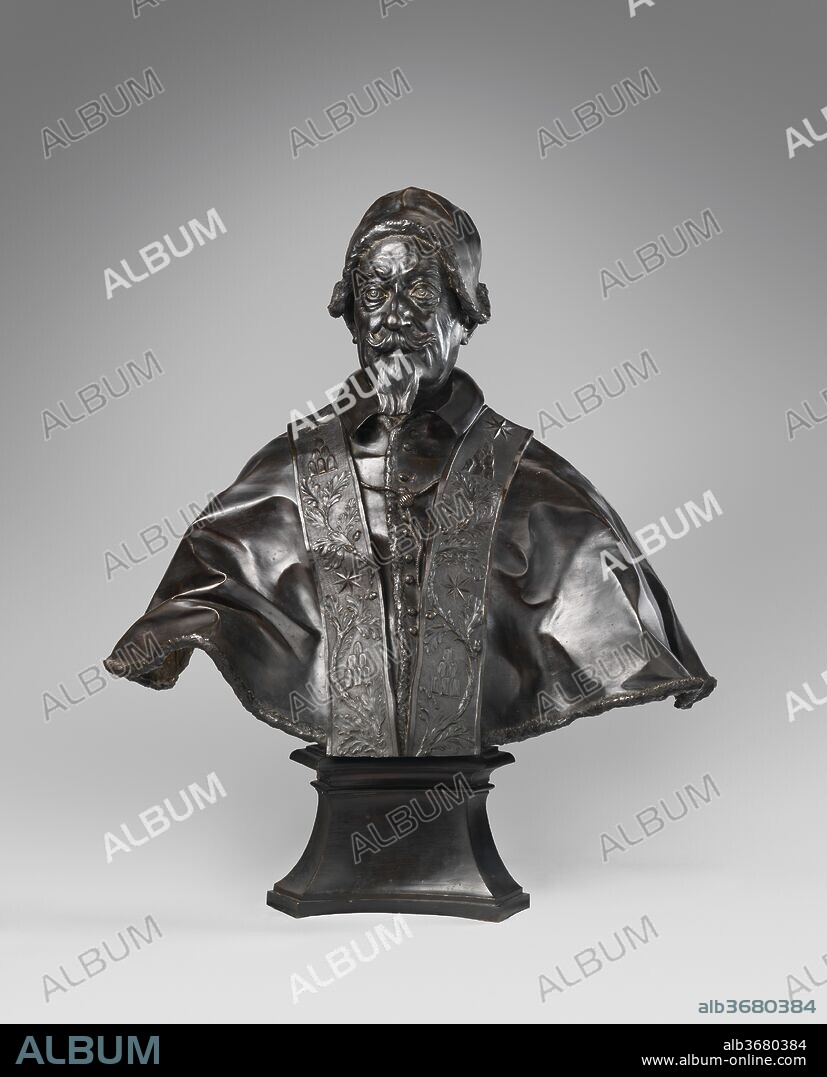 Pope Alexander VII (1599-1667). Artist: Melchiorre Cafà (Maltese, 1638-1667). Culture: Italian, Rome. Dimensions: Overall (confirmed): 39 1/4 x 34 1/4 x 16 1/2 in., 145 lb. (99.7 x 87 x 41.9 cm, 65.7716 kg). Founder: Cast by Giovanni Piscina. Date: 1667.
A pupil of Alessandro Algardi, Caffa was one of the principal sculptors in Rome in the generation after him. His bust of Pope Alexander VII displays a new attitude to portraiture in which psychological penetration plays a role. The image confers an air of sober concern on the pontiff, who is remembered, among other things, for commissioning Bernini to design the colonnades of St. Peter's Square and for receiving the visit of Queen Christina of Sweden, a recent convert to Catholicism.