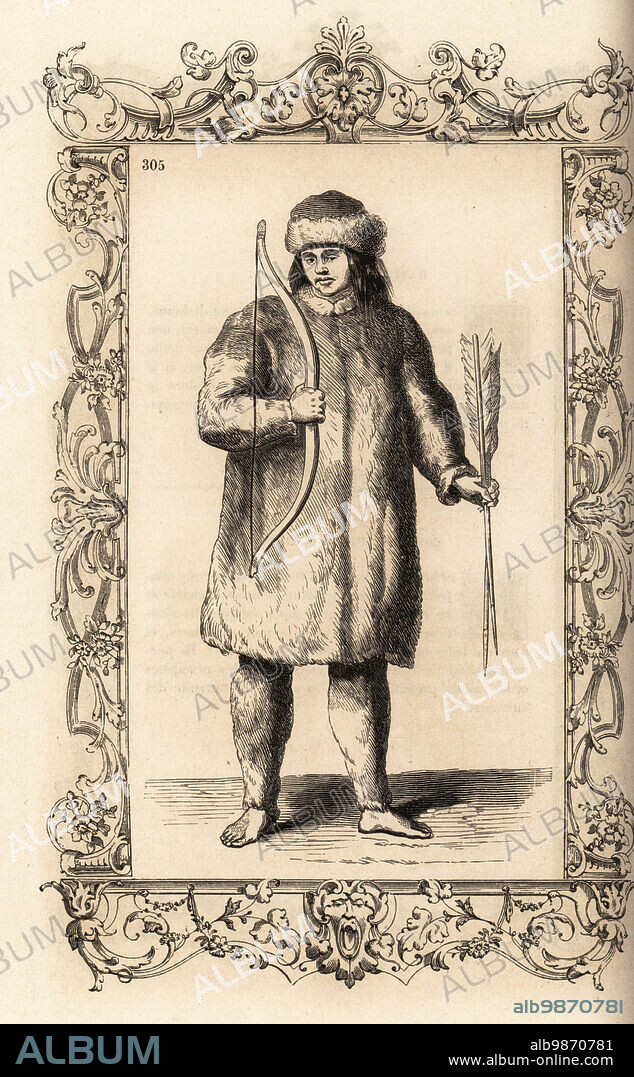 Costume of a Laplander or man of Lapland, (now Finland), 16th century. He wears hat, coat and leggings of fine animal-skins, and carries a bow and arrow. Costume de Lapon. Within a decorative frame engraved by H. Catenacci and Fellmann. Woodblock engraving by Gerard Seguin and E.F. Huyot after a woodcut by Christoph Krieger from Cesare Vecellios 16th century Costumes anciens et modernes, Habiti antichi et moderni di tutto il mondo, Firman Didot Ferris Fils, Paris, 1859-1860.