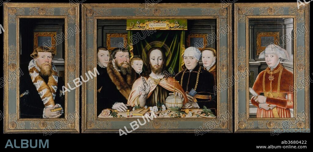 1560S-80S) GERMAN PAINTER (PROBABLY ACTIVE HAMBURG AND LOWER SAXONY. Christ Blessing, Surrounded by a Donor Family. Artist: German Painter (probably active Hamburg and Lower Saxony, 1560s-80s). Dimensions: Central panel 31 3/8 x 37 5/8 in. (79.7 x 95.6 cm); each wing 32 x 14 5/8 in. (81.3 x 37.1 cm). Date: ca. 1573-82.
This triptych, formerly attributed to Ludger tom Ring the Younger, was painted by an anonymous northern German painter. The donor family remains unidentified, but they surely hailed from Hamburg, the city whose church spires are shown on the orb in Christ's hand. The verses on salvation and afterlife inscribed on the tablets above the figures are in Low German, the vernacular of much of northern Germany. They were taken verbatim from a Low German edition of Martin Luther's Bible translation. Christ's presence in the midst of this domestic gathering bespeaks a deeply Lutheran understanding of Christ's direct accessibility to believers.