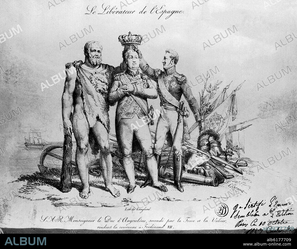 EL DUQUE DE ANGULEMA SECUNDADO POR LA FUERZA Y EL VALOR CORONA A FERNANDO VII - LITOGRAFIA - S XIX.