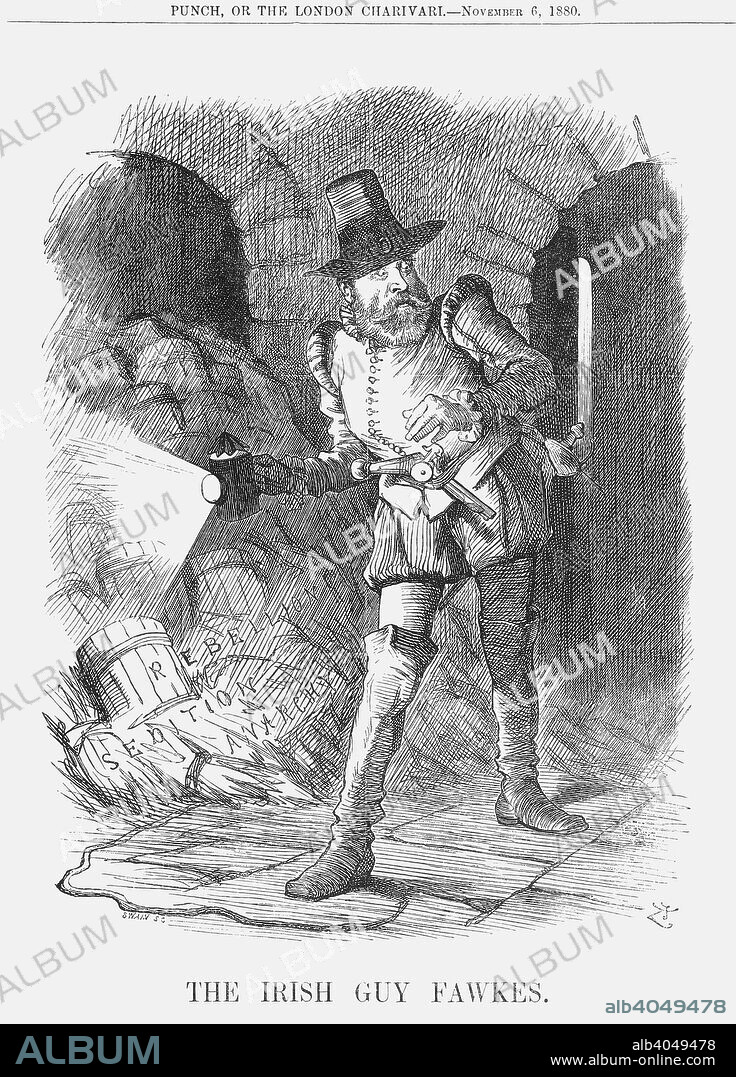 'The Irish Guy Fawkes', 1880. This cartoon shows Charles Parnell, the Irish Nationalist leader, creeping past the barrels of the gunpowder of Rebellion, Sedition and Anarchy. There had been much unrest in Ireland, and this had culminated in the murder of Lord Mountmorris in September 1880. Whilst Parnell and his fellow Irish MPs denounced the murder and other crimes, they were so ambiguous in their choice of words that many were led to believe that they were in fact in sympathy with the agitators. From Punch, or the London Charivari, November 6, 1880.
