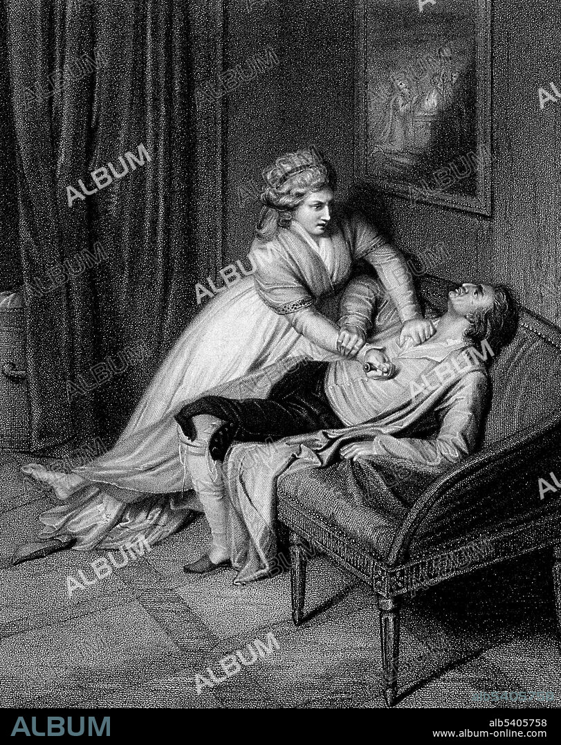 Charlotte Corday stabbing Marat on a settee. Charlotte Corday (July 27, 1768 - July 17, 1793) was a figure of the French Revolution. In 1793, she was guillotined for the assassination of Jacobin leader Jean-Paul Marat. She believed that Marat was threatening the Republic, and that his death would end violence throughout the nation. She went to Marat's home on the evening of July 13th, claiming to have knowledge of a planned Girondist uprising in Caen. Marat admitted her. At the time, he conducted most of his affairs from a bathtub because of a debilitating skin condition. He wrote down the names of the Girondists that she gave to him, then she pulled out the knife and plunged it into his chest, piercing his lung, aorta and left ventricle, and died almost instantly. At her trial, when Corday testified that she had carried out the assassination alone, saying, "I killed one man to save 100,000." After her decapitation, Jacobin leaders had her body autopsied immediately after her death to see if she was a virgin. They believed there was a man sharing her bed and the assassination plans. To their dismay, she was found to be virgo intacta (a virgin). She was 24 years old. Stipple engraving by Nicholas Schiavonetti after Domenico Pellegrini, 1793.