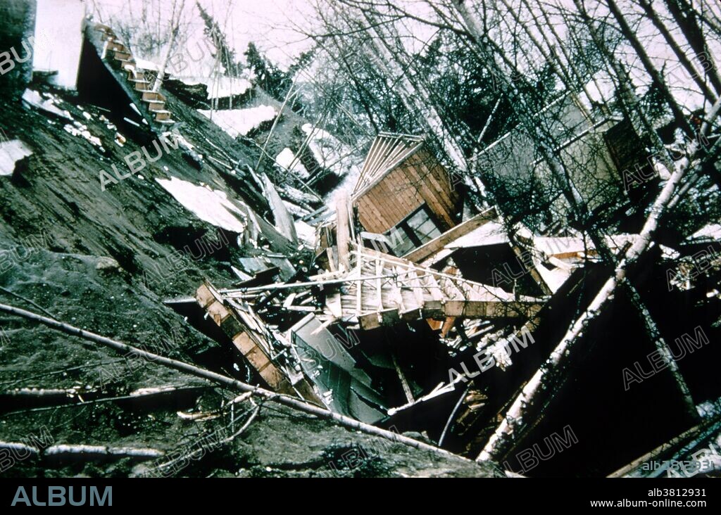 The 1964 Alaskan earthquake, also known as the Great Alaskan Earthquake, the Portage Earthquake and the Good Friday Earthquake, was a megathrust earthquake that began at 5:36 P.M. AST on Good Friday, March 27, 1964. Lasting nearly four minutes, it was the most powerful recorded earthquake in US and North American history, and the second most powerful ever measured by seismograph. This shock generated a tsunami that devastated many towns along the Gulf of Alaska, and left serious damage at Alberni and Port Alberni, Canada, along the West Coast of the United States (15 killed), and in Hawaii. The maximum wave height recorded was 220 feet at Valdez Inlet. It had a magnitude of 9.2, at the time making it the second largest earthquake in recorded history. Photo originally captioned: "Alaska 1964. Good Friday earthquake damage.".
