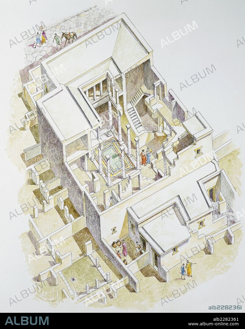 Archaeology - Greece. Delos. Reconstructed House of Hermes. Colour illustration.