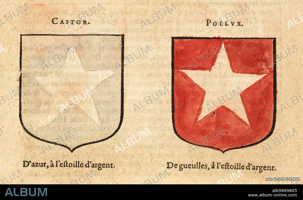 Imaginary coat of arms of the Dioscuri twins Castor with star on silver field and Pollux with star on red field. Handcoloured woodblock engraving from Hierosme de Baras Le Blason des Armoiries, Chez Rolet Boutonne, Paris, 1628.