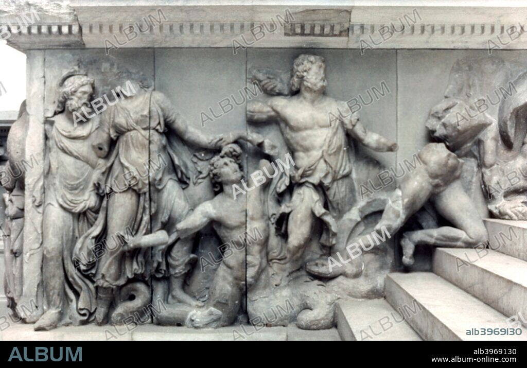 Detail from the Great Frieze of the Pergamon Altar, 180-159 BC. The 113 metre long Ancient Greek frieze depicts the 'gigantomachy', the struggle between the gods and the giants. From the Pergamon Museum, Berlin, Germany.