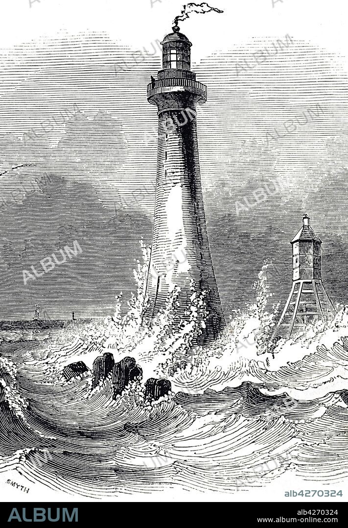 Engraving depicting Skerryvore Lighthouse. Skerryvore is a remote reef that lies off the west coast of Scotland. Dated 19th century.