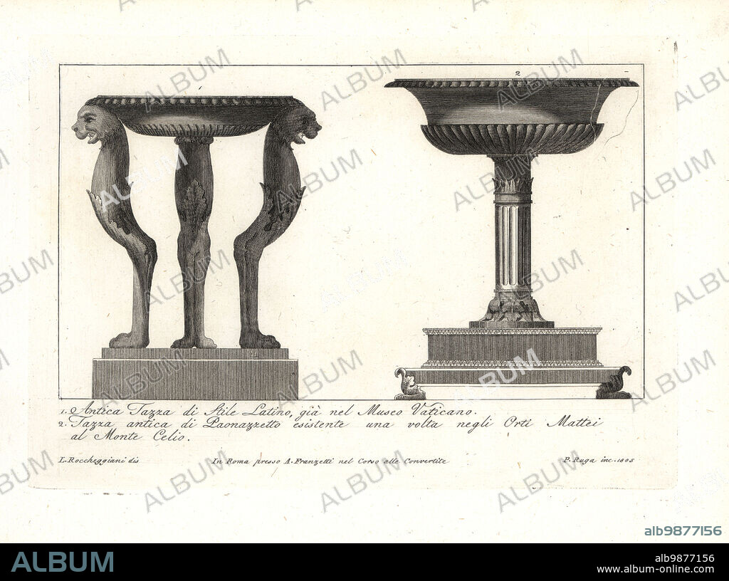 Ancient tripod cup or tazza, Latin Style, in the Vatican Museum 1, and antique cup of paonazzetto marble from the Orti Mattei, Mattei Gardens, Montecelio 2. Copperplate engraving by Pietro Ruga after an illustration by Lorenzo Rocceggiani from his own 100 Plates of Costumes Religious, Civil and Military of the Ancient Egyptians, Etruscans, Greeks and Romans, Franzetti, Rome, 1802.
