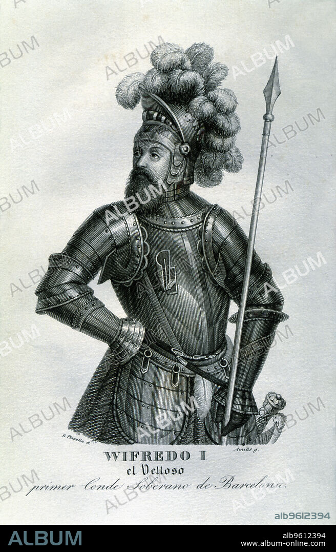 Guifre I 'the Hairy' (840 - 897), count of Cerdanya, Urgell, Barcelona, Girona and Besalú, engraving in the work 'Vindicated Counts of Barcelona', printed in 1836.