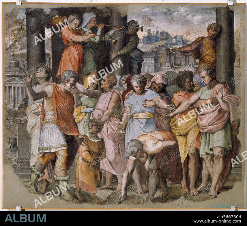 Tarquinius Superbus; sagenhafter 7. u. letzter König Roms (534-510 v. Chr.). Tarquinius Superbus legt den Grundstein zum Jupitertempel auf dem Kapitol. Fresko, vor 1525, von Perino del Vaga (1501-1547). Fresko, auf Leinwand übertragen, 132 × 150 cm. Aus der Casa Baldassini in Rom. Inv. Nr. 5907. Florenz, Galleria degli Uffizi.