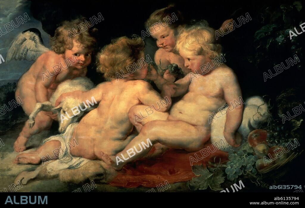 PEDRO PABLO RUBENS (1577-1640). CRISTO NIÑO CON SAN JUAN BAUTISTA Y DOS ANGELES - 1615/20 - O/L - 76,5 x 122,3 cm.