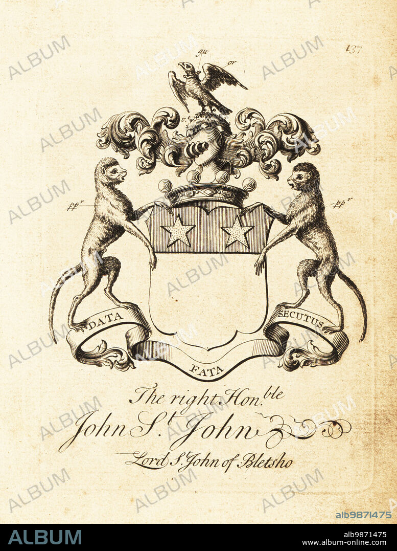 Coat of arms of the Right Honourable John St. John, 11th Baron St John of Bletso (died 1757), Lord St. John of Bletsho. Copperplate engraving by Andrew Johnston after C. Gardiner from Notitia Anglicana, Shewing the Achievements of all the English Nobility, Andrew Johnson, the Strand, London, 1724.