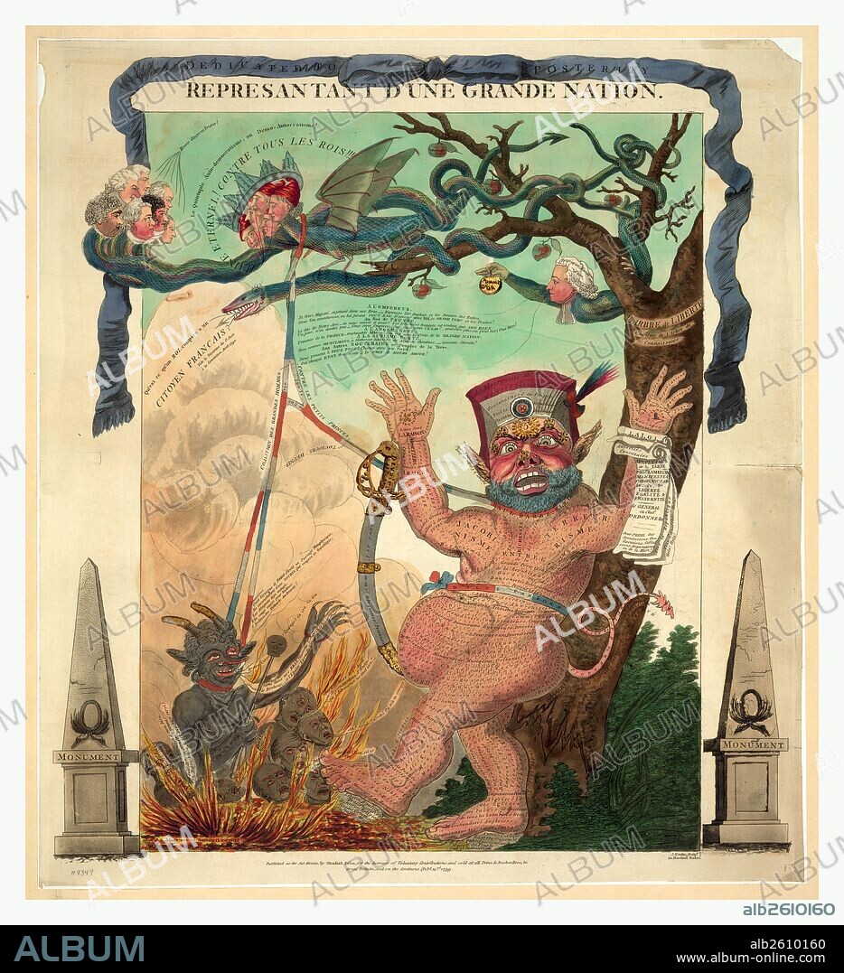 Represantant d'une grande nation, engraving 1799, a grotesque monster, nude and hairy, representing the Constitution of the Year III, stands against the trunk of L'Arbre de Liberty (right) with upraised hands. The tree, Embleme de l'Arbre de Connoissance, has withered branches in which fantastic serpents are twined. One of these, having a human head and arms...is evidently Talleyrand.
