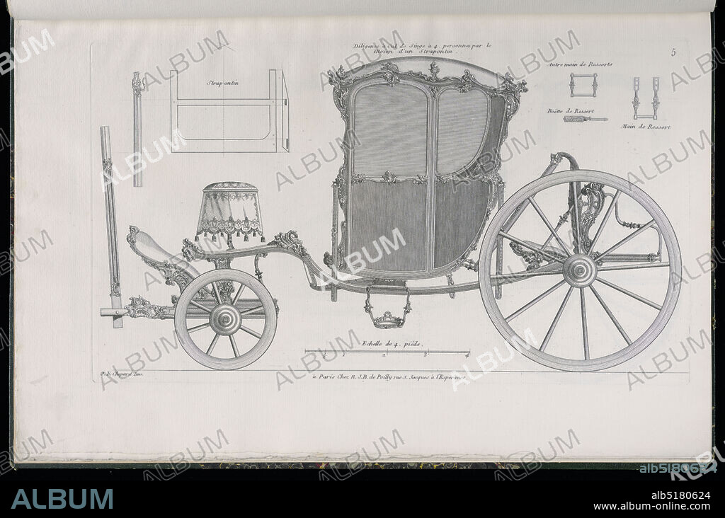 Plate 5, Diligence à Cul de Singe à 4 Personnes par le Moien dun Strapontin (Stage Coach in the Monkeys Bottom Style for Four People by the Means of a Folding Seat), Modèles de Voitures Louis XV (Models of Louis XV Carriages), Jean-François Chopard, French, active 18th century, Jean-François Chopard, French, active 18th century, Nicolas Jean-Baptiste de Poilly, French, 1712after 1758, Engraving on paper, Plate 5, Folio 5 of a series of 13 prints of designs for carriages or coaches. Carriage decorated in Rococo motif, shown in elevation, with details of the various parts at upper left and upper right. The body of the coach is asymmetrical and is made of panels decorated with mounts, possibly executed in bronze. The folding seat shown in elevation at upper left allowed for four passengers to ride in the vehicle., Paris, France, ca. 1750, albums (bound) & books, Bound print, Bound print.