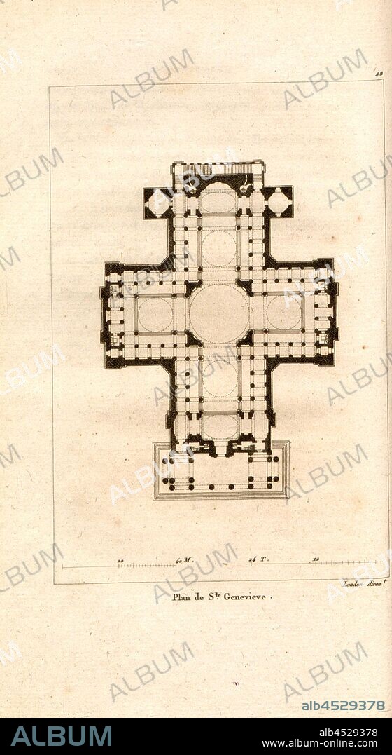 Map of St. Genevieve, Floor plan of the former church Sainte-Geneviève, today Panthéon, in Paris, 22, after p. 102, p. 155, Landon (direxit), J. G. Legrand; C. P. Landon: Description de Paris et de ses édifices: avec un précis historique et des observations sur le caractère de leur architecture, et sur les principaux objets d'art et de curiosité qu'ils renferment. Seconde édition, corrigée avec soin dans toutes ses Parties, et considérablement augmentée. Bd. 1. Paris. Strasbourg. Treuttel et Würtz, 1818.