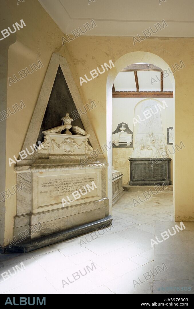 De Grey Mausoleum, Flitton, Bedfordshire, c2000s(?). Interior view showing the monument to Lady Anne de Grey with the monument to Countess de Grey seen through the arch. Begun in 1614, the mausoleum is one of the largest sepulchral chapels in England. It houses the monuments of the de Grey family who lived nearby at Wrest Park.