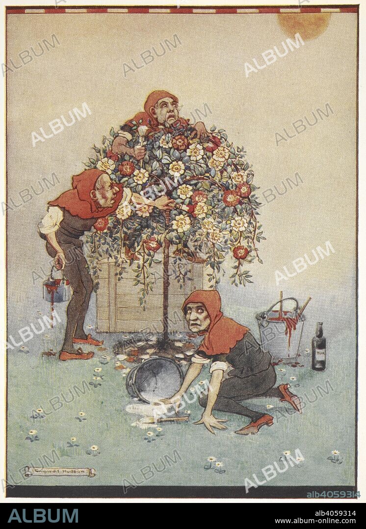 LEWIS PSEUD. [I. E. CHARLES LUTWIDGE DODGSON] CARROLL y GWYNEDD M. HUDSON. The Queen of Heart's gardeners painting the roses from white to red. Alice's adventures in wonderland / by Lewis Carroll ; illustrated by Gwynedd M. Hudson. [London?] : Hodder and Stoughton, [1922?]. 'The roses were white, but there were three Gardeners busily painting them red.'. Source: YA.1997.b.4119 opposite page 106.