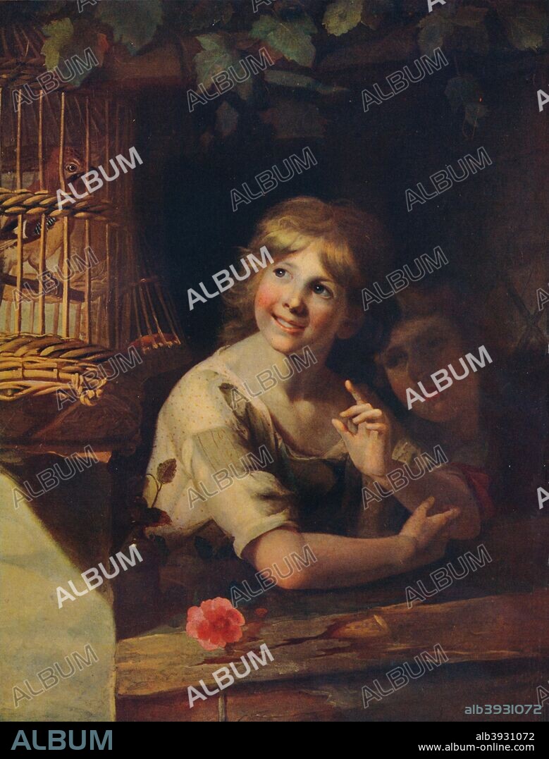 'Two Children with a Jay in a Cage', 1910. Matthew William Peters (1742-1814) was born at Freshwater on the Isle of Wight. He was an English portrait and genre painter who later became an Anglican clergyman and chaplain to George IV. From The Connoisseur Vol XXVII. [Otto Limited, London, 1910].