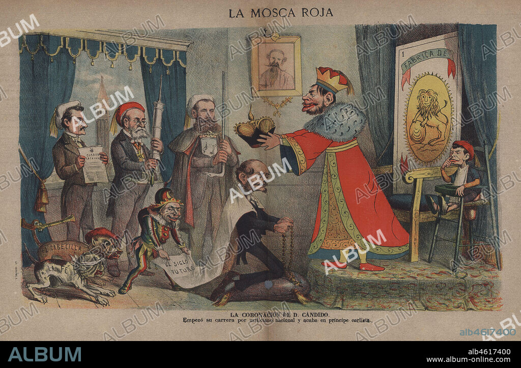 Dibujo satírico político carlista publicado en el periódico La Mosca. Cándido Nocedal Rodríguez de la Flor (1821-1885), político español que militó en el partido progresista y acabó en la órbita del carlismo. Junio de 1883.