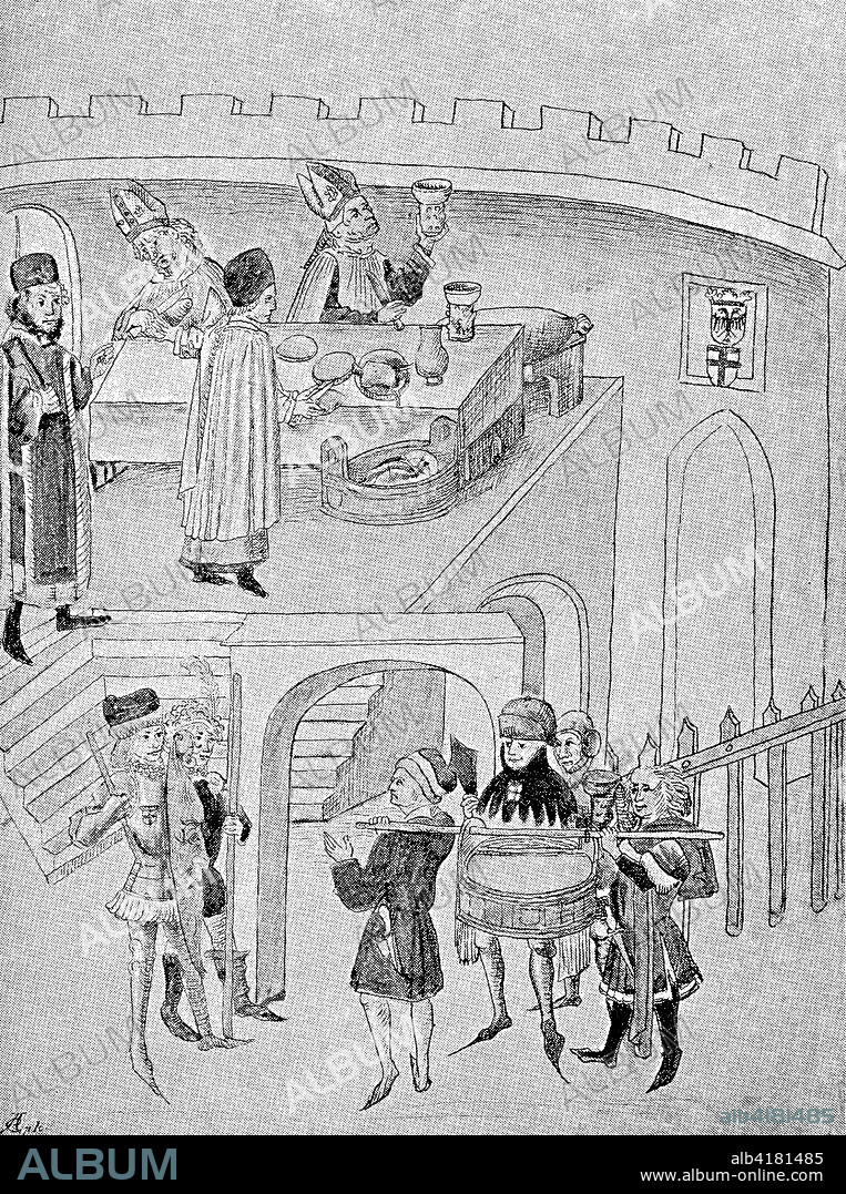 Check the food in the conclave, scene from the Council of Constance, 1414-1418, Germany, digital improved reproduction of a woodcut publication in the year 1885.
