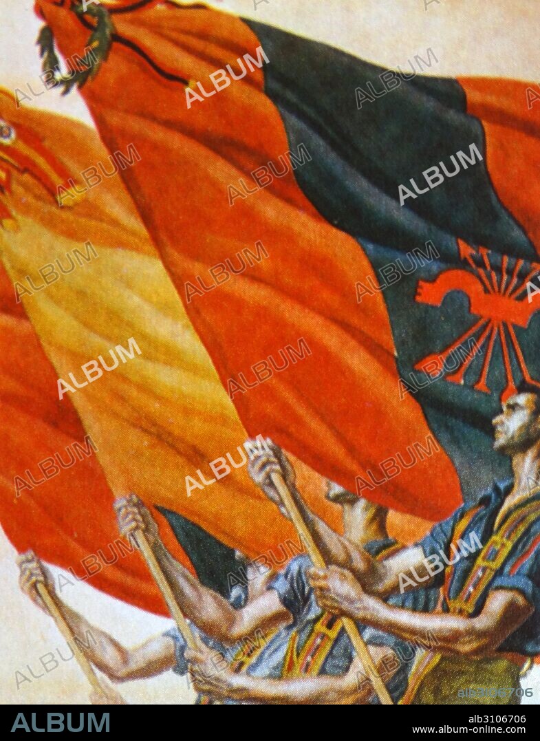 The Fascist flag of the Falange is waved in a Spanish civil war, nationalist propaganda illustration.