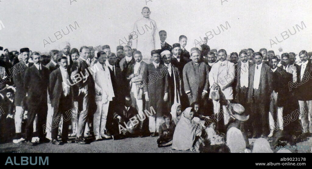 Mohandas Karamchand Gandhi, addressing Indian community in South Africa, 1910. Gandhi established an idealistic community called 'Tolstoy Farm' near Johannesburg, where he nurtured his policy of peaceful resistance.