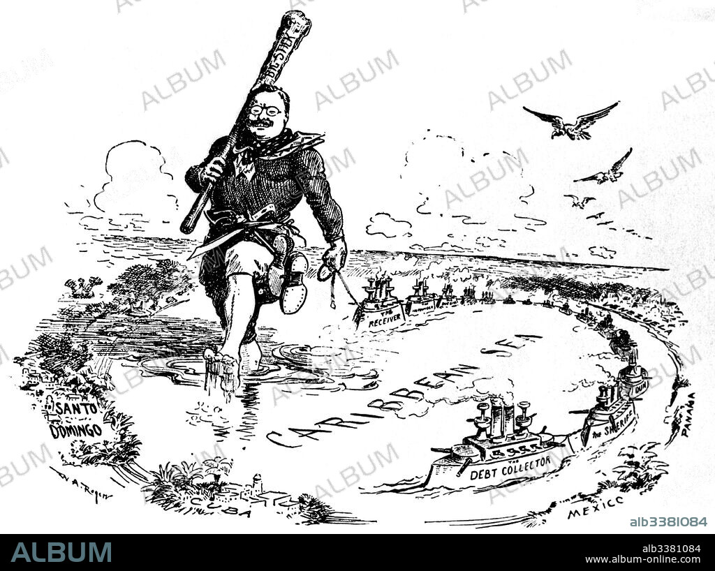 WILLIAM ALLEN ROGERS. The Big Stick in the Caribbean Sea. Caricature on Theodore Roosevelt.