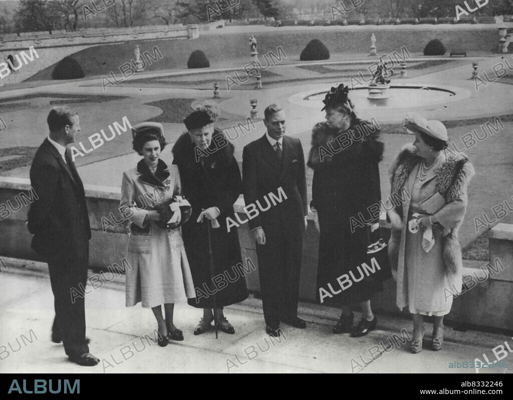 Mrs Roosevelt Is Guest Of King And Queen At Windsor Castle.Left to right: The Duke of Edinburgh; Princess Margaret; Queen Mary; the King; Mrs Eleanor Roosevelt; and Queen Elizabeth, photographed on the terrace at Windsor Castle. Princess Elizabeth, was also at the Castle, but was indisposed.Mrs Eleanor Roosevelt, who is to unveil a memorial statue to her late husband, the former President of the United Stares, Franklin D. Roosevelt, in Grosvenor Square on 12th April, was the guest of the Royal Family at Windsor Castle. April 4, 1948.