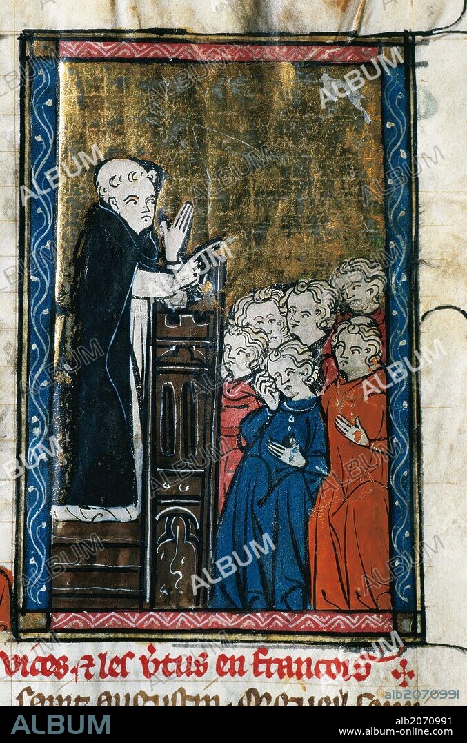 ARTE GOTICO. FRANCIA. "UN FRAILE DOMINICO, TAL VEZ EL AUTOR DEL CODICE, PREDICANDO". Miniatura de "Doctrine Chretienne", manuscrito del siglo XIII. Folio 110. Biblioteca de la Universidad. Valencia. España.