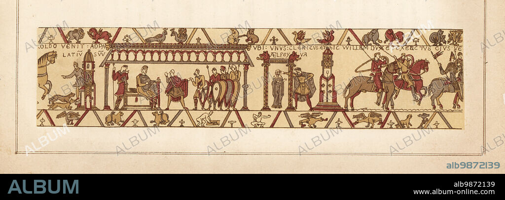 Duke William of Normandy receiving Harold Godwinson in his palace at Rouen. At right, a meeting between a mystery woman Aelfgyva (perhaps Algitha, widow of Griffith King of Wales) and a cleric. Chromolithograph by William Mossman after an illustration by Charles Stothard made for the Society of Antiquaries in Rev. John Collingwood Bruces The Bayeux Tapestry Elucidated, John Russell Smith, London, 1856.