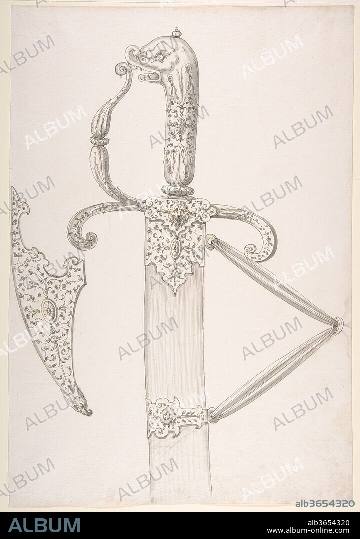 Drawing of Design for Sword Hilt and Tip of Scabbard (Dolphin-Head Grip). Culture: German. Dimensions: 16 7/16 x 11 3/8 in. (41.7 x 28.8 cm). Date: second half 16th century.