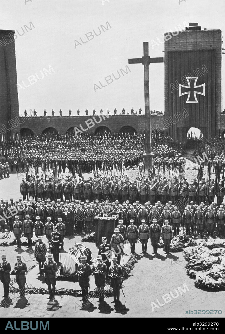 Adolf Hitler speaks at funeral of Field Marshall von Hindenburg  - August 1934.