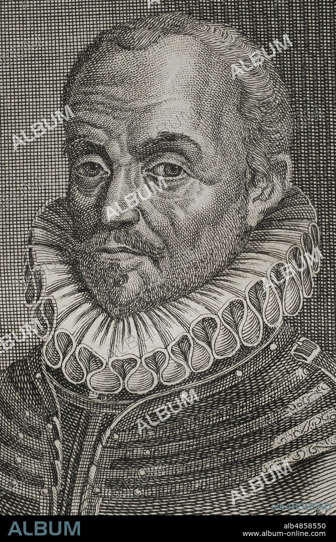 Guillermo de Orange-Nassau (1533-1584) llamado el Taciturno. Miembro de la Casa de Nassau, se convirtió en Príncipe de Orange en 1544. Se unió a la rebelión contra la Corona Española. Retrato, detalle. Grabado. Guerras de Flandes. Edición publicada en Amberes, 1748. Biblioteca Histórico Militar de Barcelona. Cataluña. España.