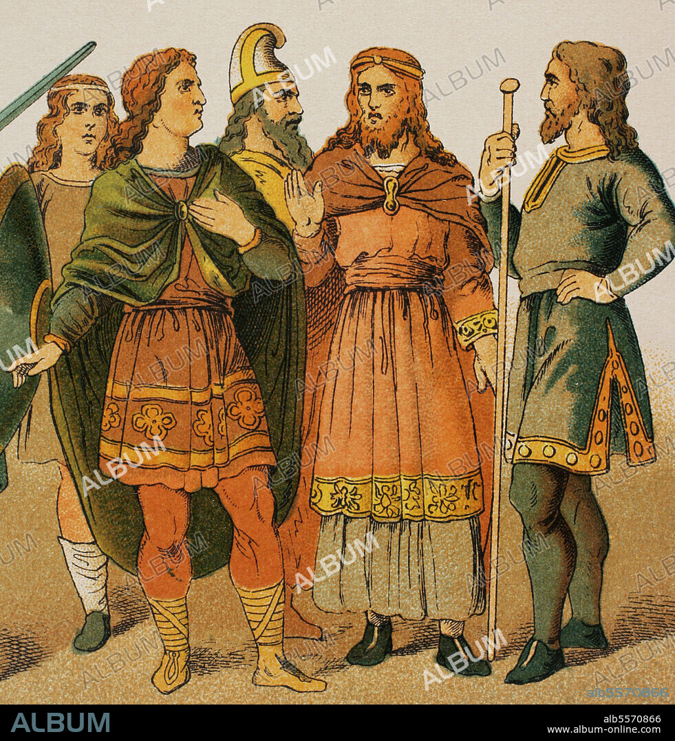 Anglosajones (500-1000). Nobles. Cromolitografía. Historia Universal, por César Cantú. Tomo IV. Publicado en Barcelona, 1881.