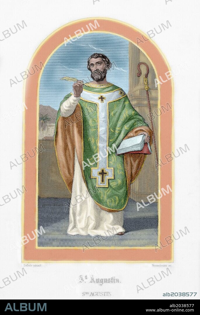 SAN AGUSTIN (354-430). Obispo africano, doctor y padre de la Iglesia Católica. Siglos IV-V. Grabado coloreado.