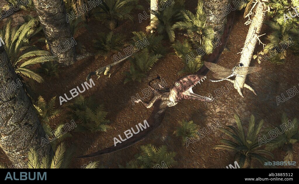 A Dimorphodon pterosaur chasing an insect during the Early Jurassic about 193 million years ago. Dimorphodons lived among the early dinosaurs before dinosaurs got to huge sizes. Dimorphodon had a wingspan of about 4 1/2 feet.