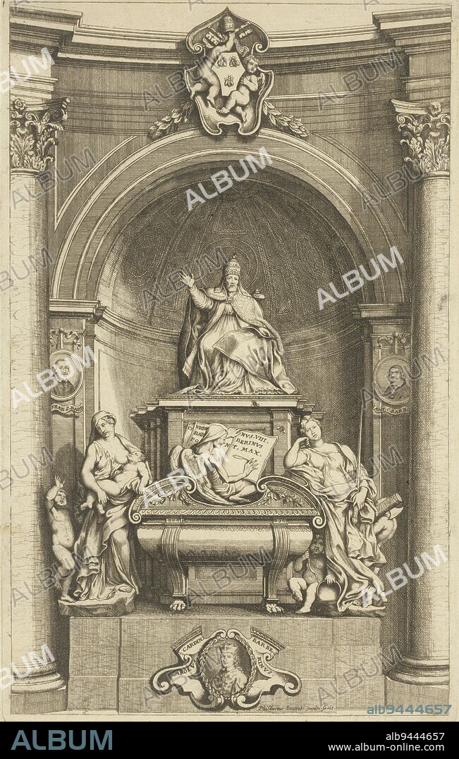 Tomb of Pope Urban VIII in St. Peter's Basilica, Rome, by Bernini. Atop the tomb the seated statue of Urban VIII. He makes a saying gesture. On the left the statue of Caritas, on the right that of Justice. In the middle of the tomb Death writing the name of the deceased in a book. Above the tomb the personal papal coat of arms of Urban VIII, held up by two putti. To the left, right of and below the tomb portraits of other members of Barberini's family, Tomb of Pope Urban VIII, print maker: Philibert Bouttats (II), (mentioned on object), Giovanni Lorenzo Bernini, Rome, 1685 - 1736, paper, etching, engraving, h 343 mm × w 214 mm.