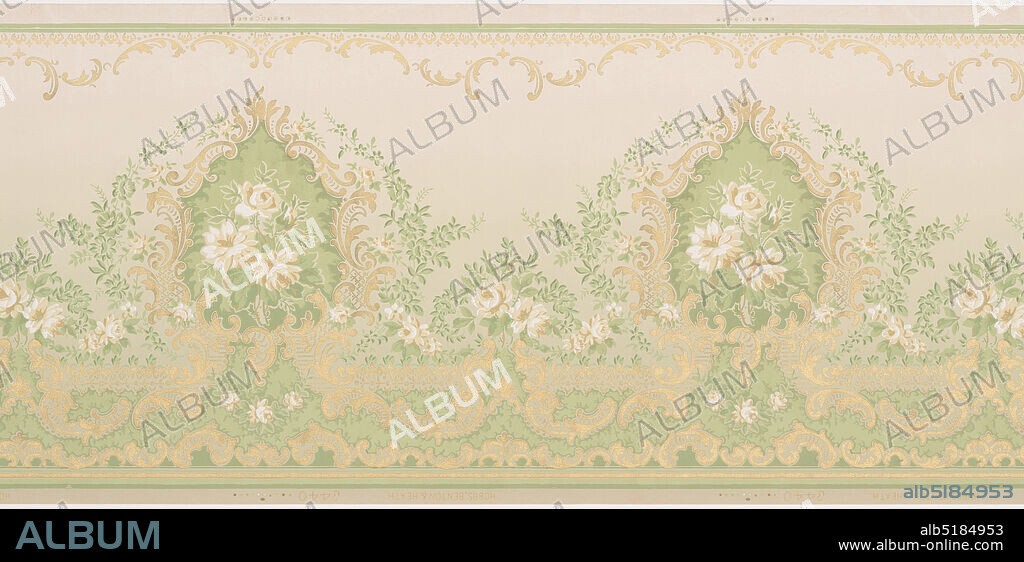 Frieze, Hobbs, Benton & Heath, Hoboken, New Jersey, Machine-printed paper, Pattern of large medallions outlined in gilt rinceaux with centralized white rose and leaf bouquets. Outside medallion are branches and wild flowers. In between each medallion lies a smaller rose bouquet. A border of gilt scrolls rests at the base of this design. printed in gilt, white, pale yellow and pea green on a cream ground., Hoboken, New Jersey, USA, 19051915, Wallcoverings, Frieze.
