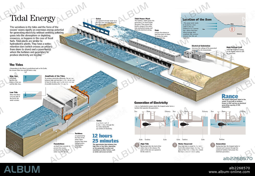 energía mareomotriz. Infografía ?de la estructura y funcionamiento de una planta de generación de energía mareomotriz.