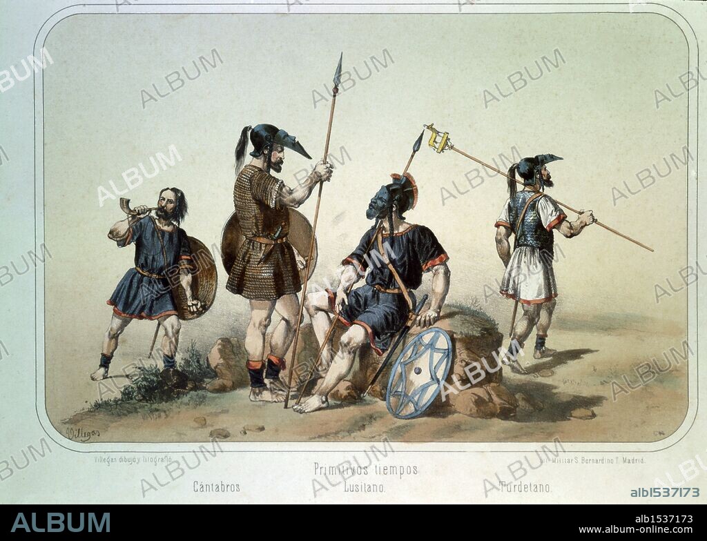 Tiempos primitivos. Guerreros Cántabros, Lusitano y Turdetano. Dibujo de Villegas. Lámina número 2 del ALBUM DE LA INFANTERIA ESPAÑOLA del Teniente General Conde de Clonard. Litografía Militar, Madrid, año 1861.