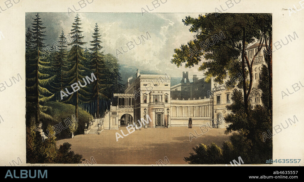 Deepdene, Surrey, the seat of banker and author Thomas Hope. House and gardens remodeled by Regency architect William Atkinson. Handcoloured copperplate engraving after an illustration by John Gendall from Rudolph Ackermanns Repository of Arts, London, 1823.
