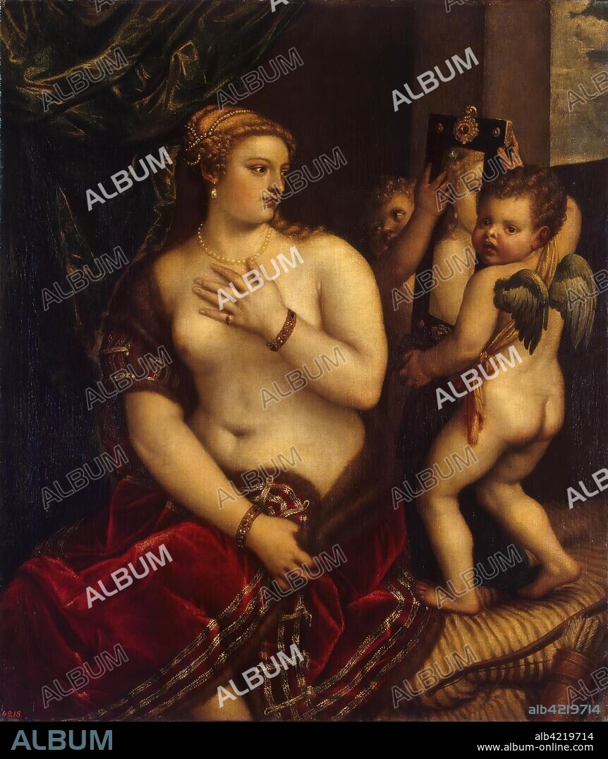 TITIAN (TIZIANO VECELLIO) (AND WORKSHOP). 'Venus with Two Cupids in Front of a Mirror (copy)'. Italy, 1560s. Dimensions: 130x105 cm.
