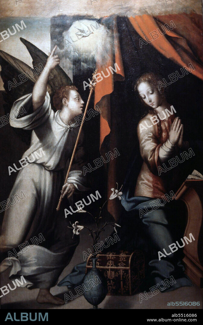 LUIS DE MORALES. MORALES , LUIS. PINTOR ESPAÑOL . BADAJOZ 1510 - 1576. " ANUNCIACION " , TABLA DEL RETABLO DE LA IGLESIA DE ARROYO DE LA LUZ . CACERES. VIRGEN MARIA.